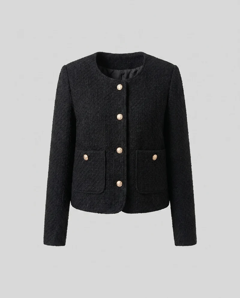 Damen Strukturierte Boucle-Jacke mit Goldenen Knöpfen und Taschen