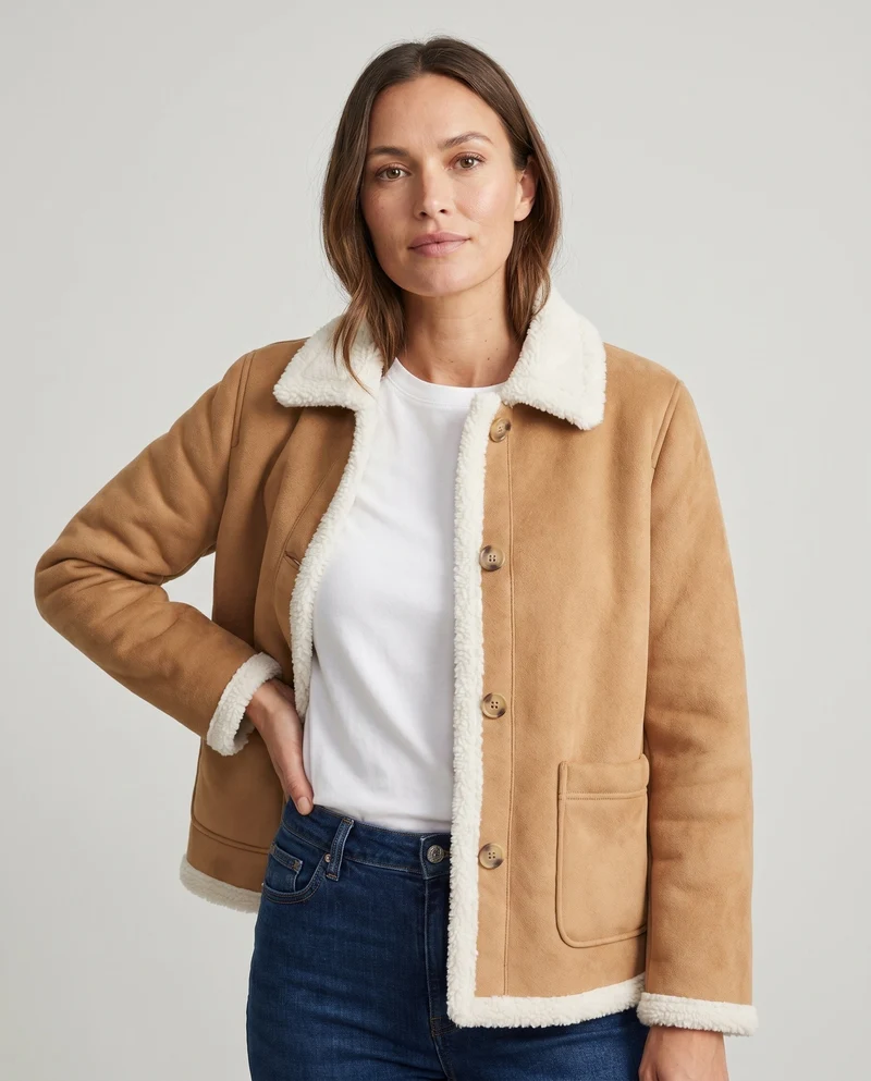 Damen Teddy Fleece Jacke mit Knopfverschluss und praktischen Taschen