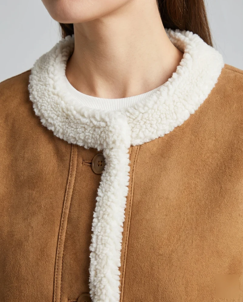 Damen Teddy Fleece Jacke mit Knopfverschluss und praktischen Taschen