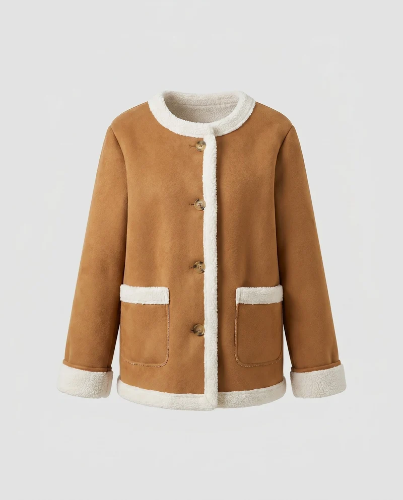 Damen Teddy Fleece Jacke mit Knopfverschluss und praktischen Taschen