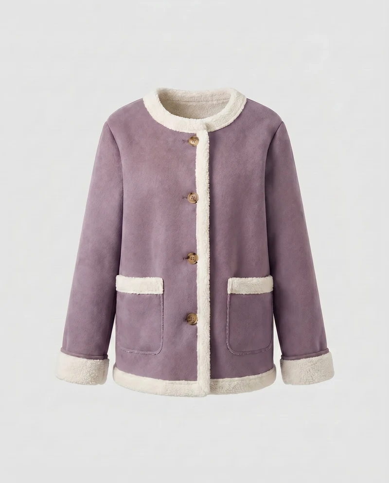 Damen Teddy Fleece Jacke mit Knopfverschluss und praktischen Taschen