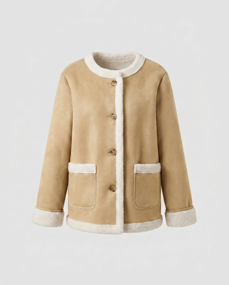 Damen Teddy Fleece Jacke mit Knopfverschluss und praktischen Taschen