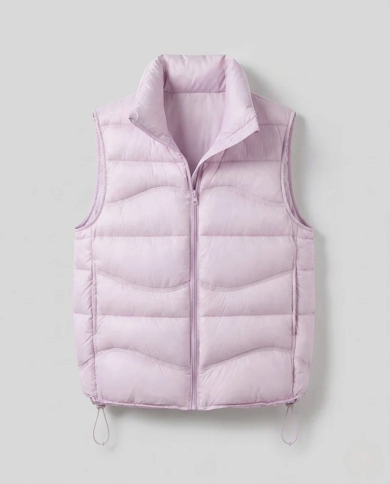 Damen ärmellose thermo gesteppte Weste mit ergonomischer Wellensteppung, hohem Kragen und verstellbarem Kordelzugsaum