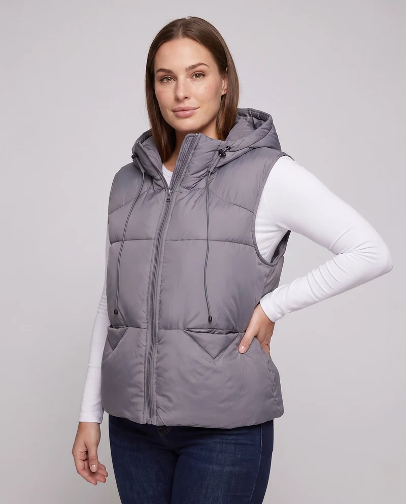 Damen ärmellose thermo-steppweste mit Kapuzenpasse, verdecktem Reißverschluss und verstellbarem Kordelzug.