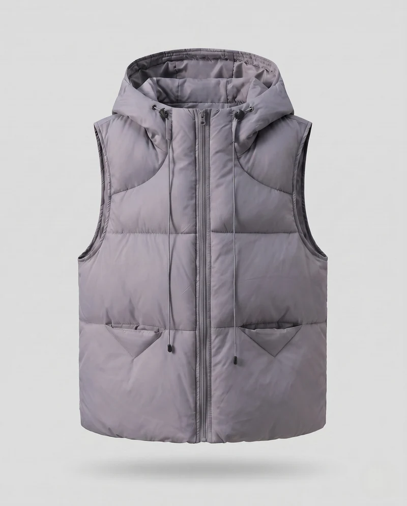 Damen ärmellose thermo-steppweste mit Kapuzenpasse, verdecktem Reißverschluss und verstellbarem Kordelzug.