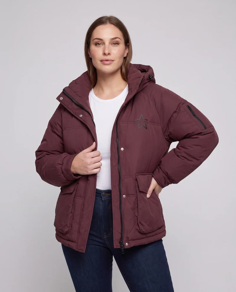 Damen Nan Boxy Pufferjacke mit verdecktem Zwe Wege Front, kontrastierendem Innenpaneel und funktionalen Klappen Taschen