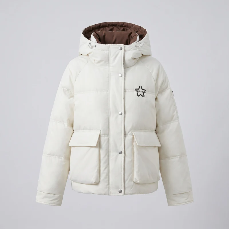 Damen Nan Boxy Pufferjacke mit verdecktem Zwe Wege Front, kontrastierendem Innenpaneel und funktionalen Klappen Taschen