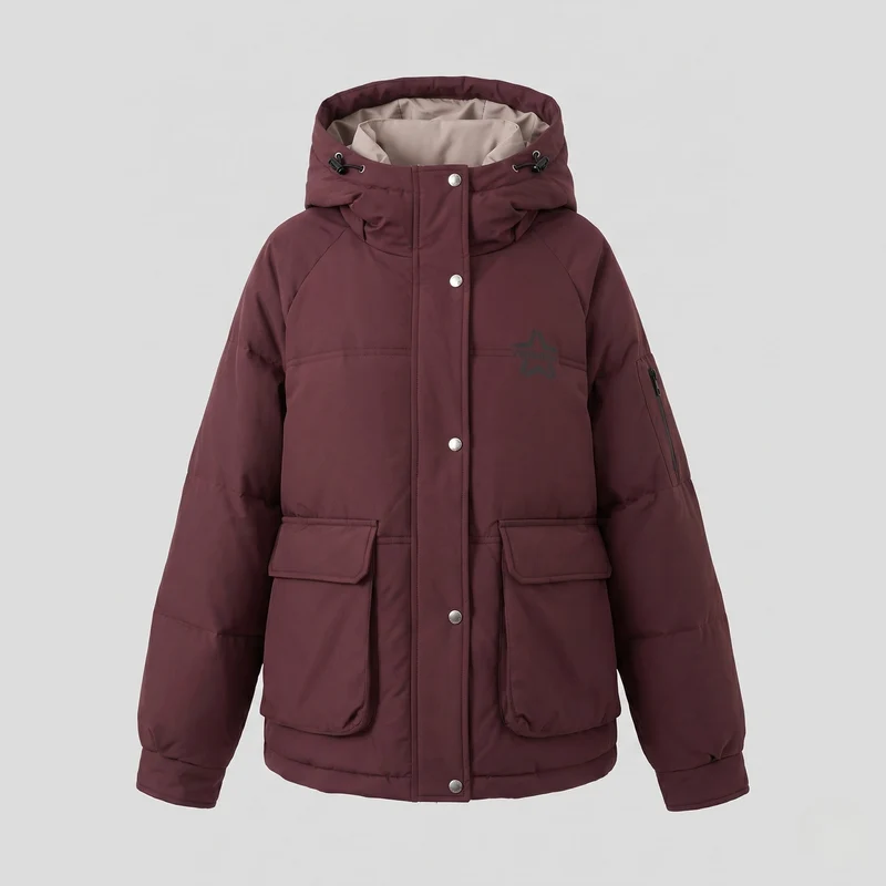 Damen Nan Boxy Pufferjacke mit verdecktem Zwe Wege Front, kontrastierendem Innenpaneel und funktionalen Klappen Taschen