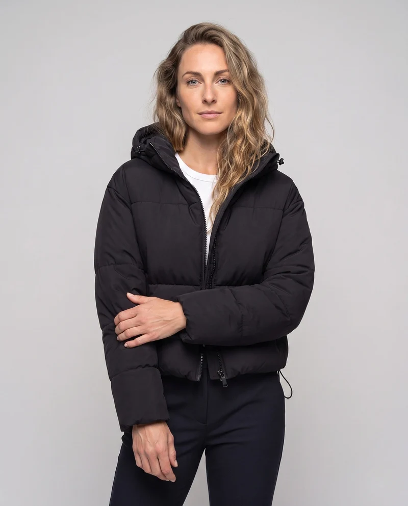 Damen nan Gekürzte Pufferjacke mit Kapuze, sichtbarem Metallback und verstellbarem Saum