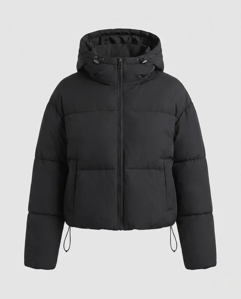 Damen nan Gekürzte Pufferjacke mit Kapuze, sichtbarem Metallback und verstellbarem Saum