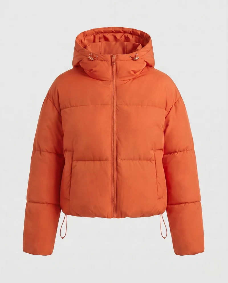 Damen nan Gekürzte Pufferjacke mit Kapuze, sichtbarem Metallback und verstellbarem Saum