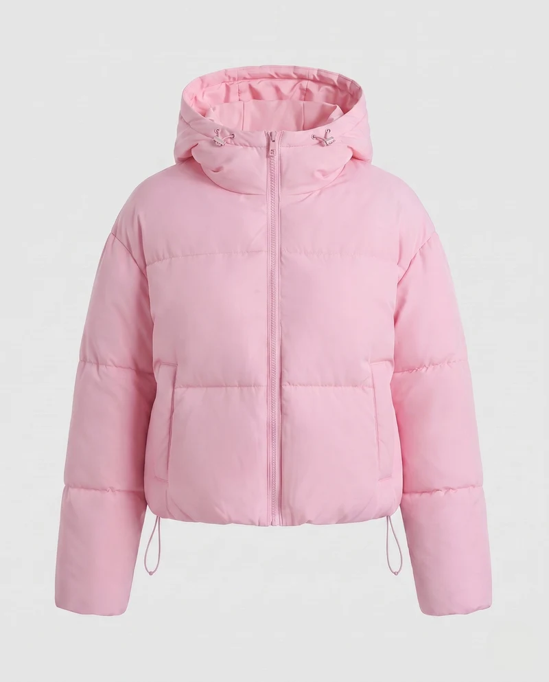 Damen nan Gekürzte Pufferjacke mit Kapuze, sichtbarem Metallback und verstellbarem Saum