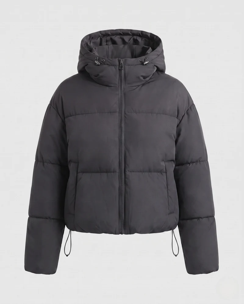 Damen nan Gekürzte Pufferjacke mit Kapuze, sichtbarem Metallback und verstellbarem Saum