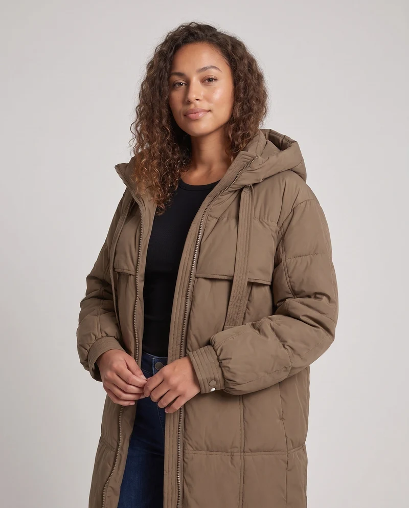 Damen extra langer wattierter Thermo-Mantel mit verdecktem Zwei-Wege-Reißverschluss, ergonomischer Kapuze und seitlichen Bewegungsreißverschlüssen