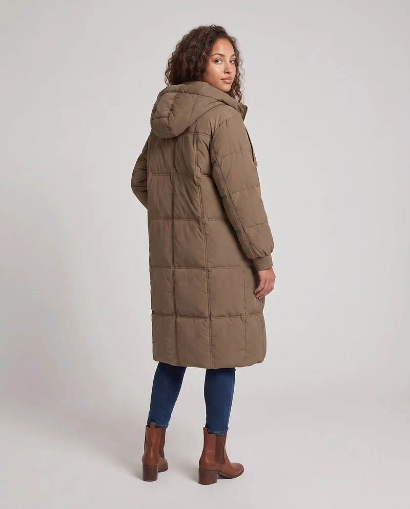 Damen extra langer wattierter Thermo-Mantel mit verdecktem Zwei-Wege-Reißverschluss, ergonomischer Kapuze und seitlichen Bewegungsreißverschlüssen