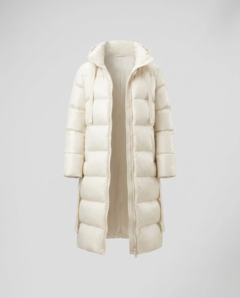 Damen extra langer wattierter Thermo-Mantel mit verdecktem Zwei-Wege-Reißverschluss, ergonomischer Kapuze und seitlichen Bewegungsreißverschlüssen
