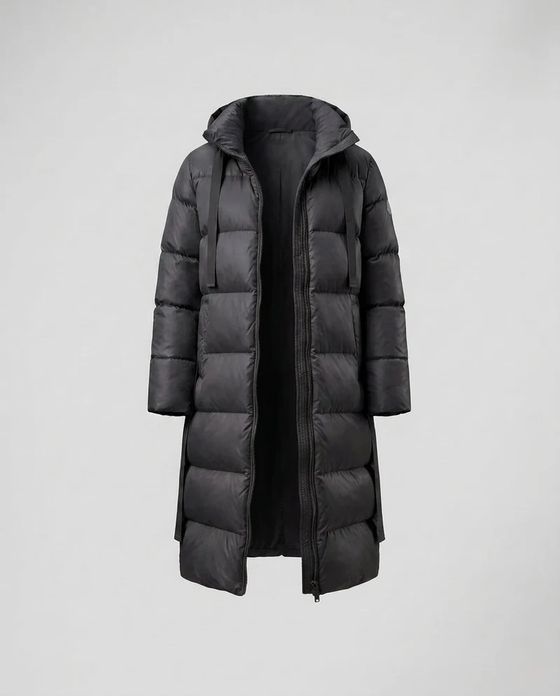 Damen extra langer wattierter Thermo-Mantel mit verdecktem Zwei-Wege-Reißverschluss, ergonomischer Kapuze und seitlichen Bewegungsreißverschlüssen