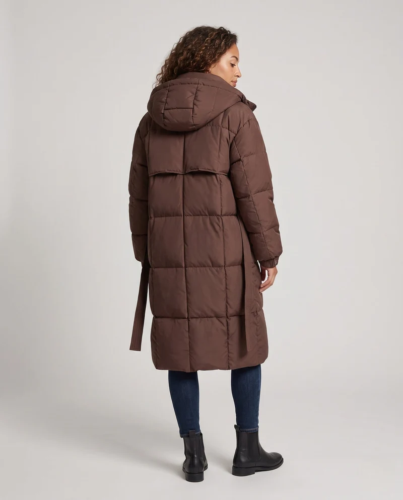 Damen extra-langer gesteppter Kapuzenmantel mit isolierender Füllung, zweigängigem Reißverschluss und übergroßer Silhouette
