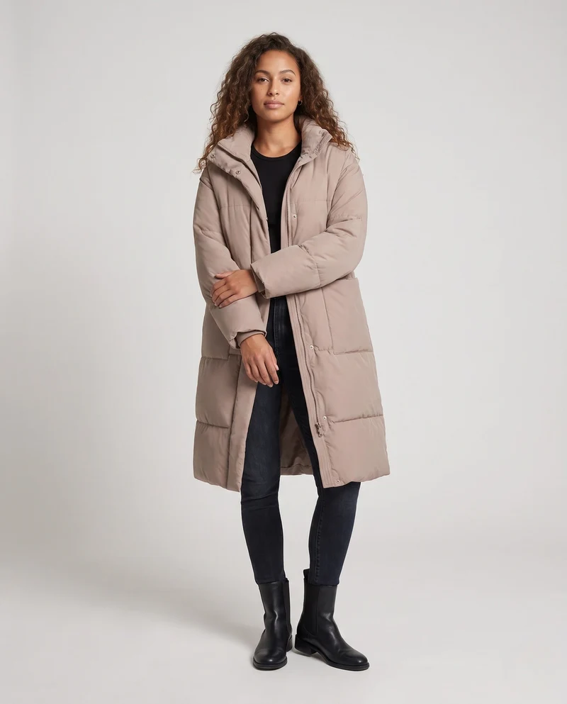 Damen Nano Extralang Gepolstert Komfort Puffer mit geräuschreduzierender Oberfläche, hohem Stehkragen und großzügiger Oversized Silhouette