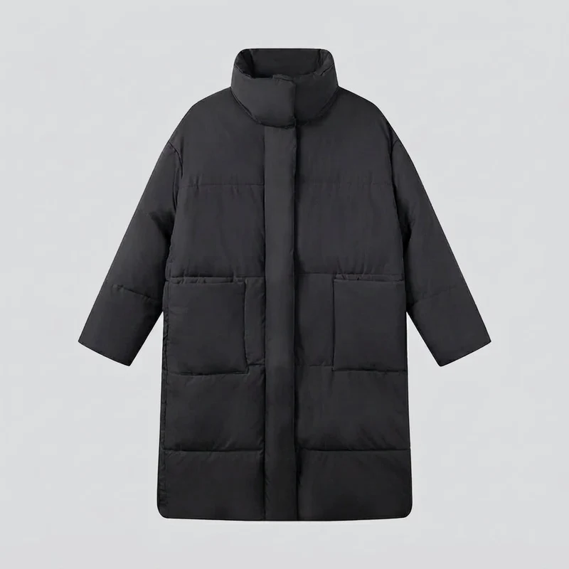 Damen Nano Extralang Gepolstert Komfort Puffer mit geräuschreduzierender Oberfläche, hohem Stehkragen und großzügiger Oversized Silhouette