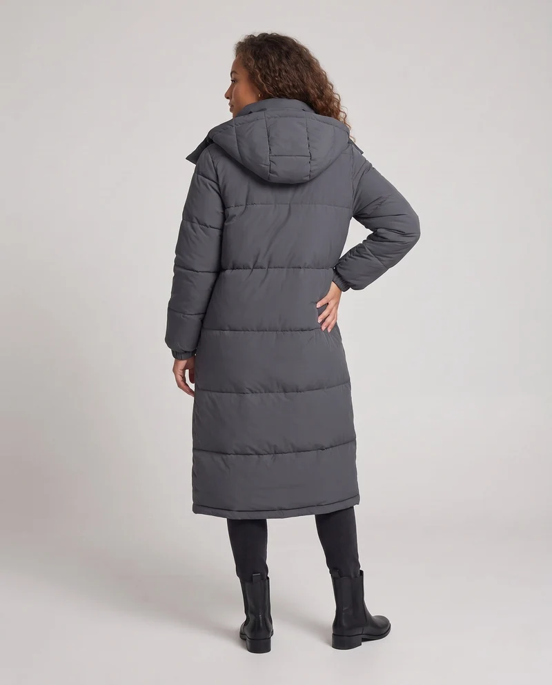Damen extra langer gesteppter Thermo-Mantel mit Kapuze, zweiläufigem Reißverschluss und geräuschreduzierendem Außenmaterial