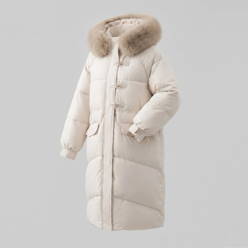 Damen extra langer oversized Puffermantel mit voluminöser Kapuze, abnehmbarer Kunstfellverzierung und lärmminderndem Außenmaterial