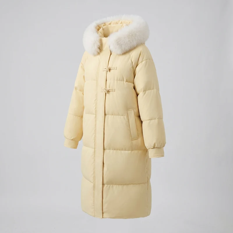 Damen extra langer oversized Puffermantel mit voluminöser Kapuze, abnehmbarer Kunstfellverzierung und lärmminderndem Außenmaterial