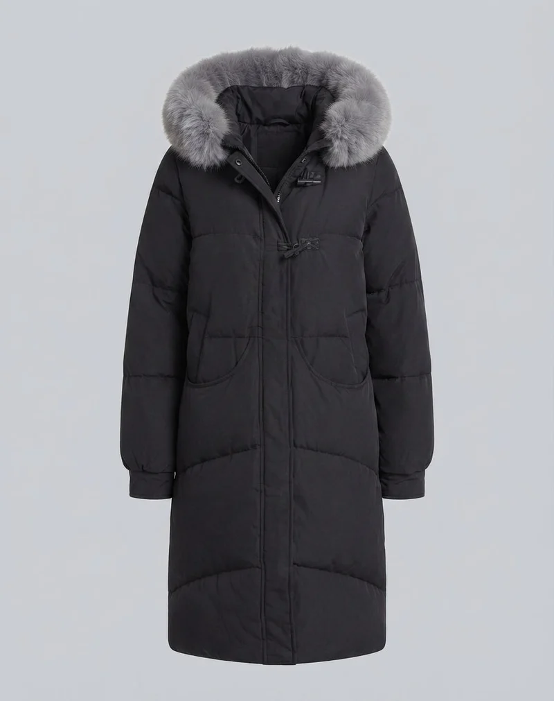 Damen extra langer oversized Puffermantel mit voluminöser Kapuze, abnehmbarer Kunstfellverzierung und lärmminderndem Außenmaterial