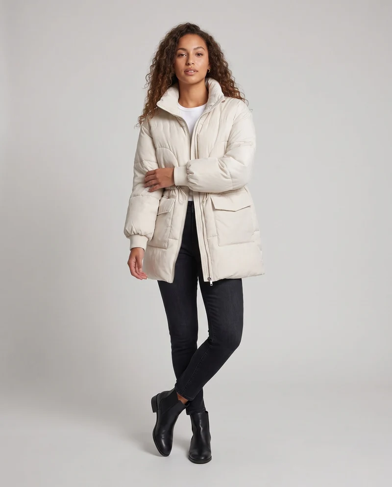 Damen feminine A-Linien gesteppter Parka mit verstellbarem Kordelzug, hohem Stehkragen und großen Klappentaschen