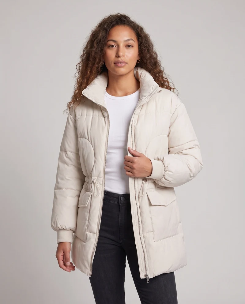 Damen feminine A-Linien gesteppter Parka mit verstellbarem Kordelzug, hohem Stehkragen und großen Klappentaschen