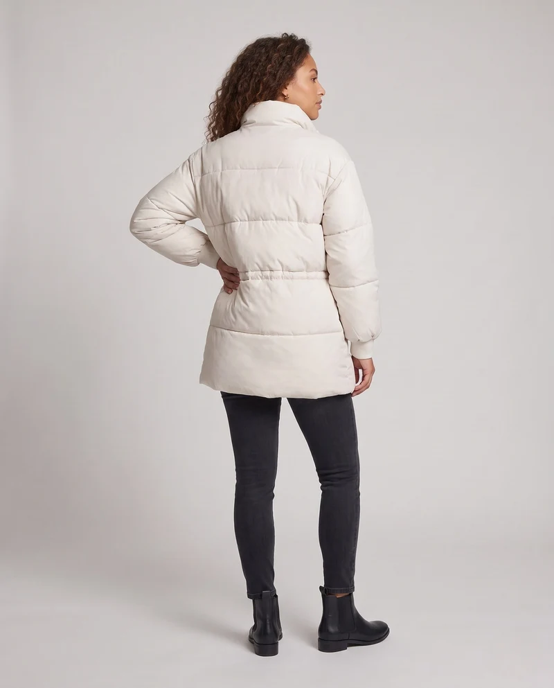 Damen feminine A-Linien gesteppter Parka mit verstellbarem Kordelzug, hohem Stehkragen und großen Klappentaschen