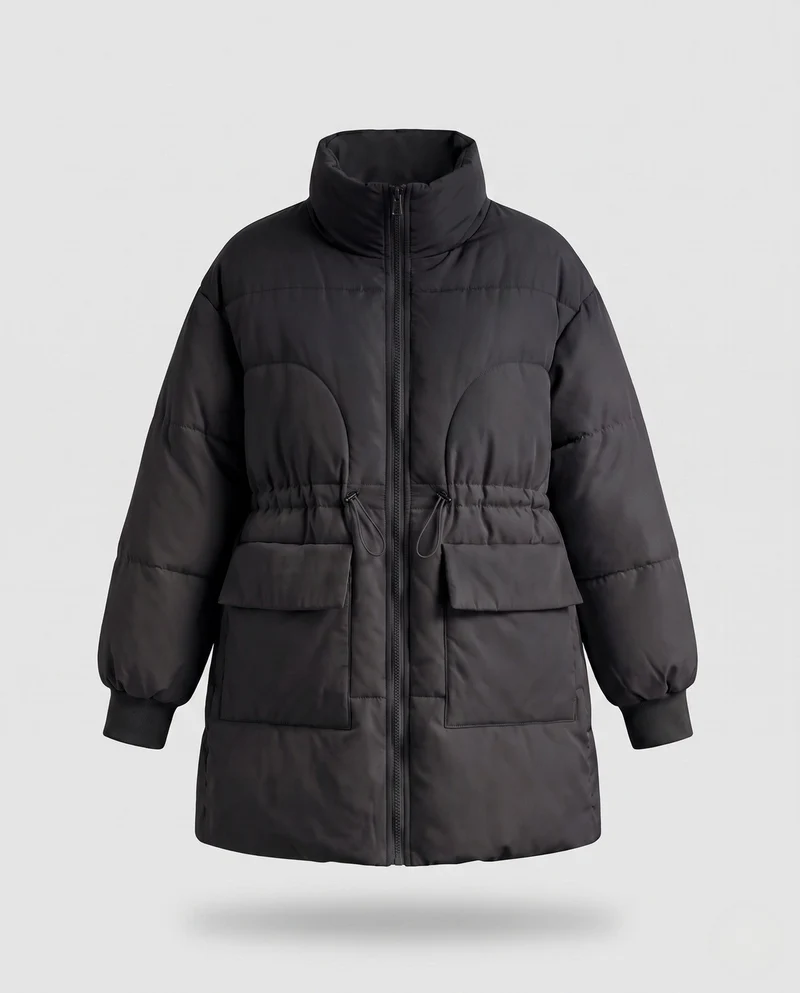 Damen feminine A-Linien gesteppter Parka mit verstellbarem Kordelzug, hohem Stehkragen und großen Klappentaschen