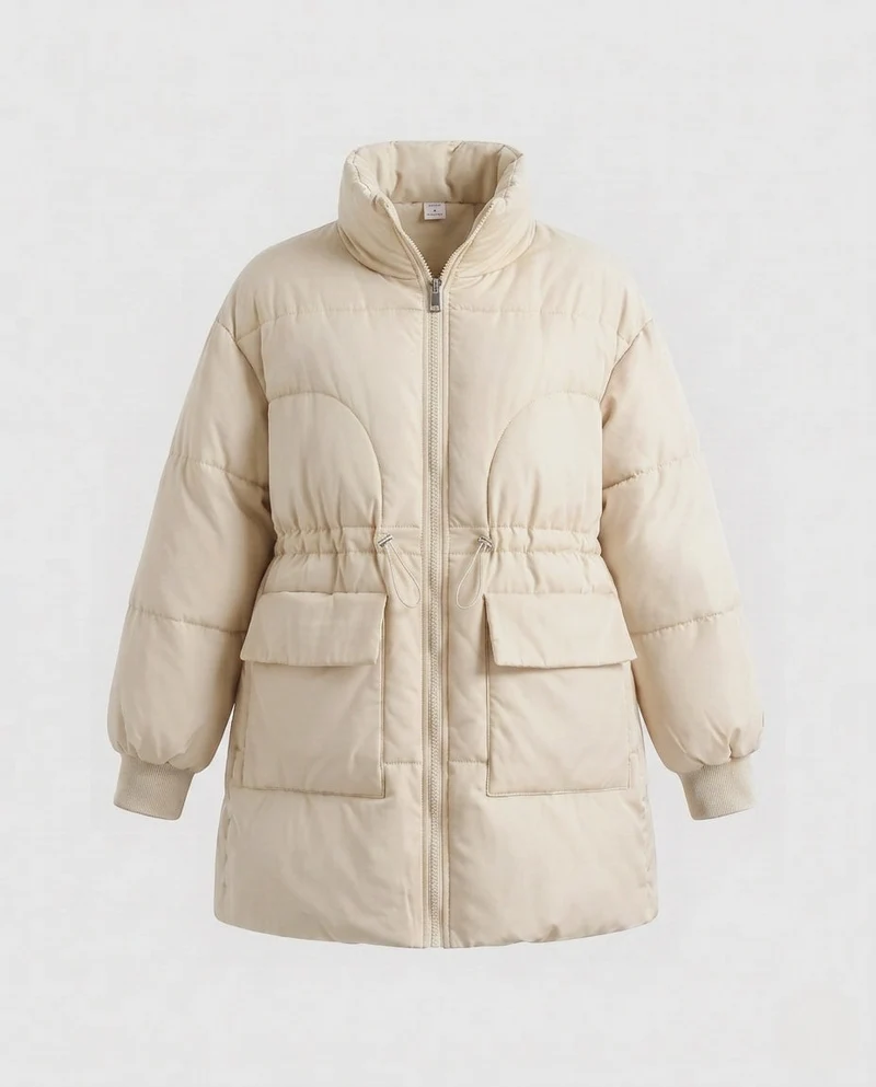 Damen feminine A-Linien gesteppter Parka mit verstellbarem Kordelzug, hohem Stehkragen und großen Klappentaschen
