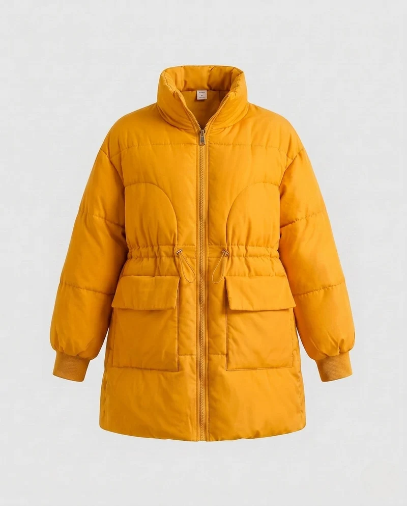 Damen feminine A-Linien gesteppter Parka mit verstellbarem Kordelzug, hohem Stehkragen und großen Klappentaschen