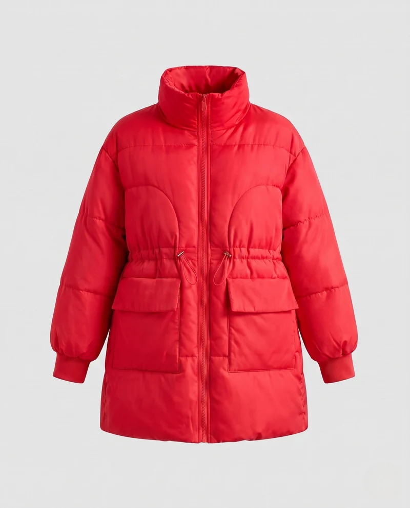 Damen feminine A-Linien gesteppter Parka mit verstellbarem Kordelzug, hohem Stehkragen und großen Klappentaschen