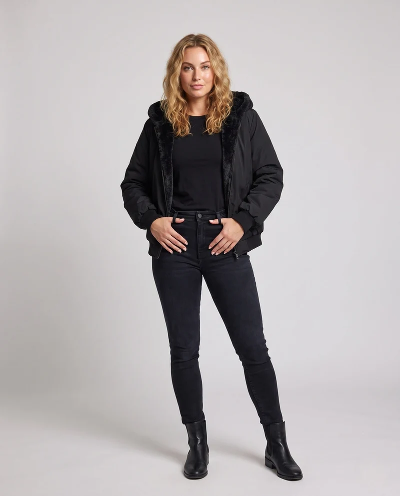 Damen gepolsterte Kapuzenbomberjacke mit warmem Teddyfutter und elastischen Rippbündchen