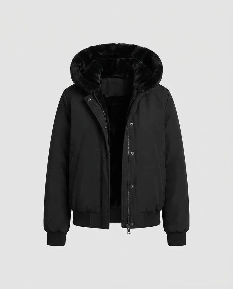 Damen gepolsterte Kapuzenbomberjacke mit warmem Teddyfutter und elastischen Rippbündchen