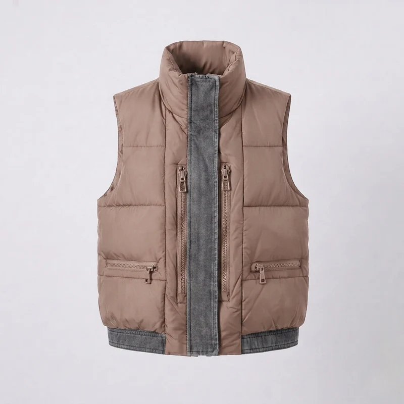 Damen gesteppte ärmellose Weste mit hohem Kragen, Jeans-Look Innentasche und verdeckten Reißverschlusstaschen