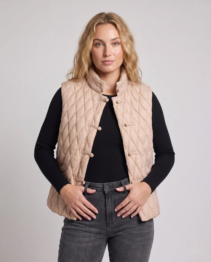 Damen gesteppte ärmellose Jacke mit Stehkragen und dekorativen Knotenschlüssen
