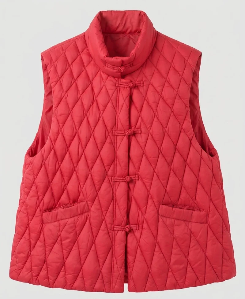 Damen gesteppte ärmellose Jacke mit Stehkragen und dekorativen Knotenschlüssen