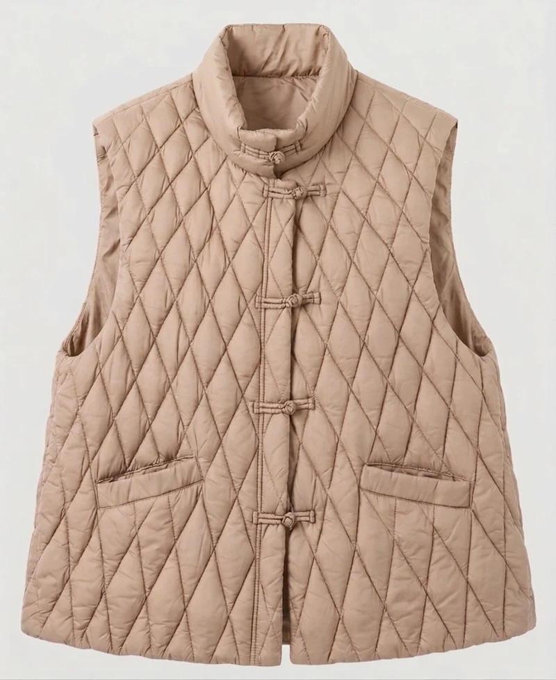 Damen gesteppte ärmellose Jacke mit Stehkragen und dekorativen Knotenschlüssen