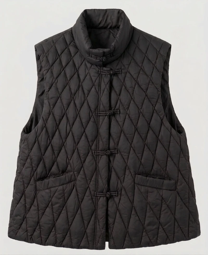 Damen gesteppte ärmellose Jacke mit Stehkragen und dekorativen Knotenschlüssen