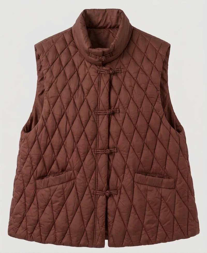 Damen gesteppte ärmellose Jacke mit Stehkragen und dekorativen Knotenschlüssen