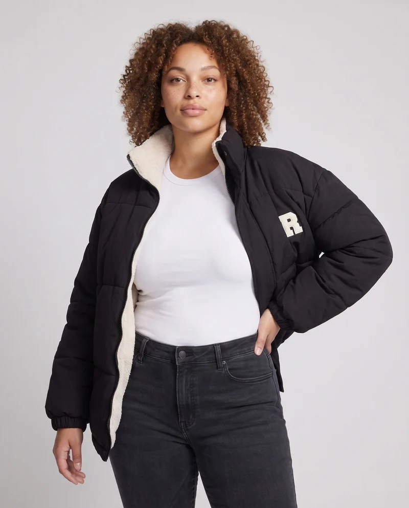 Damen gesteppte Cordjacke mit Teddyfutter, Stehkragen und oversized Passform