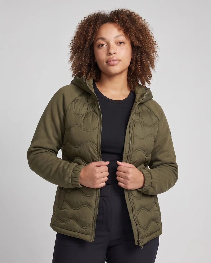 Damen gesteppte Hybrid-Hoodie-Jacke mit Fleece-Ärmeln, elastischen Bündchen und Wellensteppung