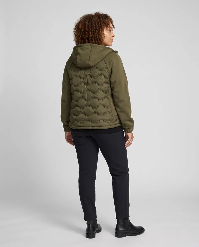 Damen gesteppte Hybrid-Hoodie-Jacke mit Fleece-Ärmeln, elastischen Bündchen und Wellensteppung