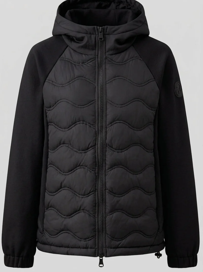 Damen gesteppte Hybrid-Hoodie-Jacke mit Fleece-Ärmeln, elastischen Bündchen und Wellensteppung
