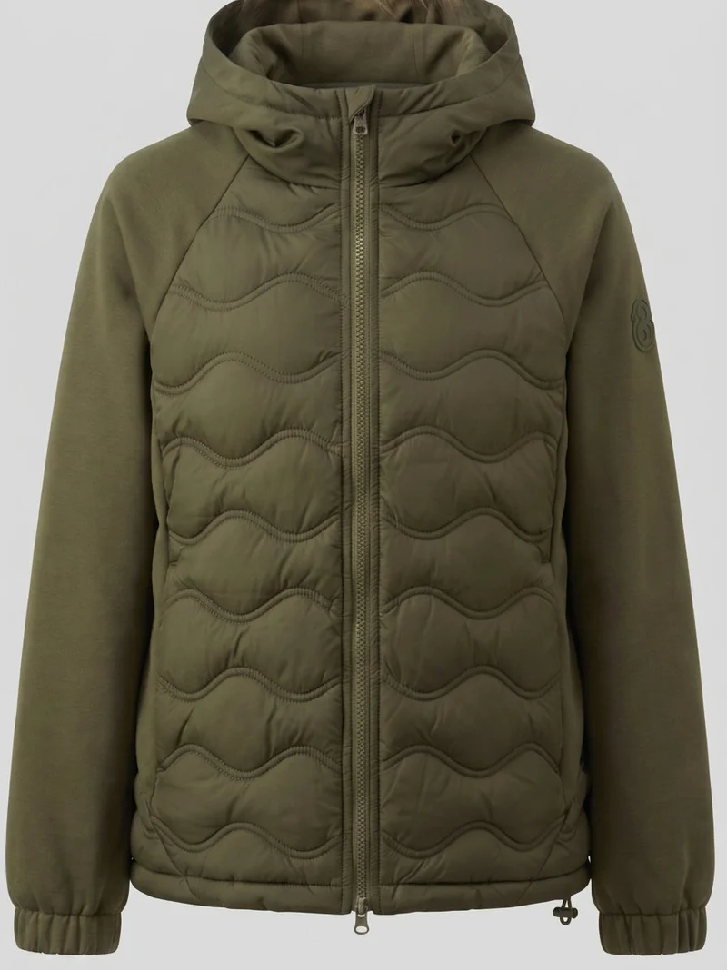 Damen gesteppte Hybrid-Hoodie-Jacke mit Fleece-Ärmeln, elastischen Bündchen und Wellensteppung