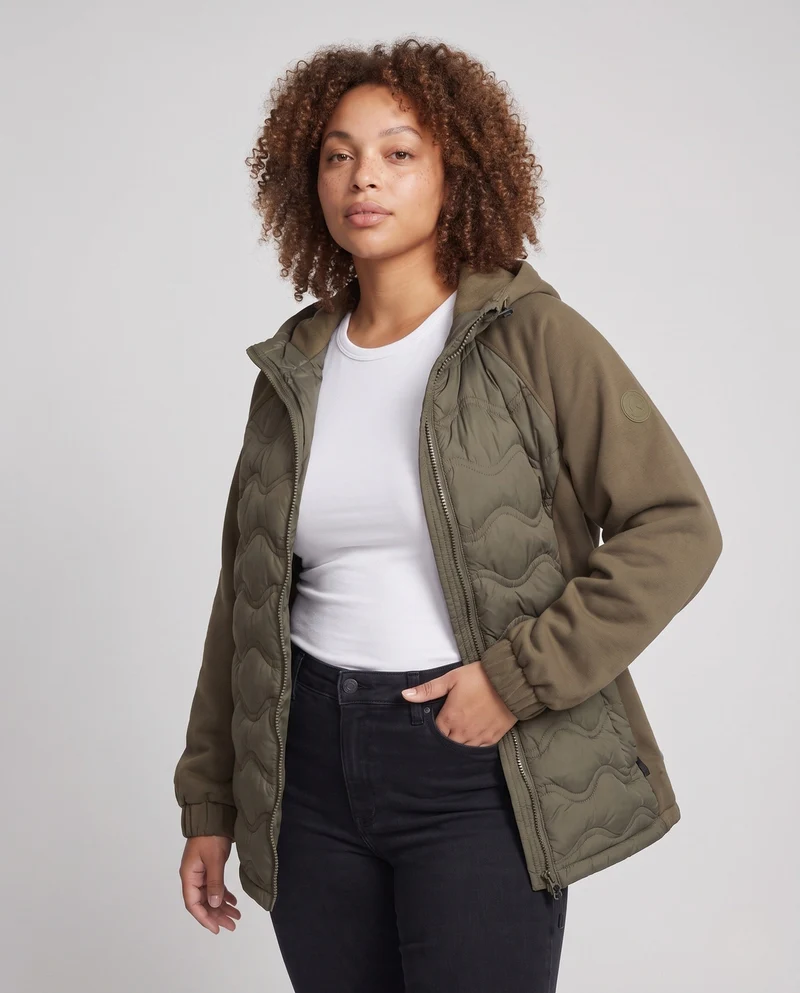 Damen nicht gesteppte Hybrid-Hoodie-Jacke mit gepolstertem Vorderteil und lockeren Sweatshirt-Ärmeln
