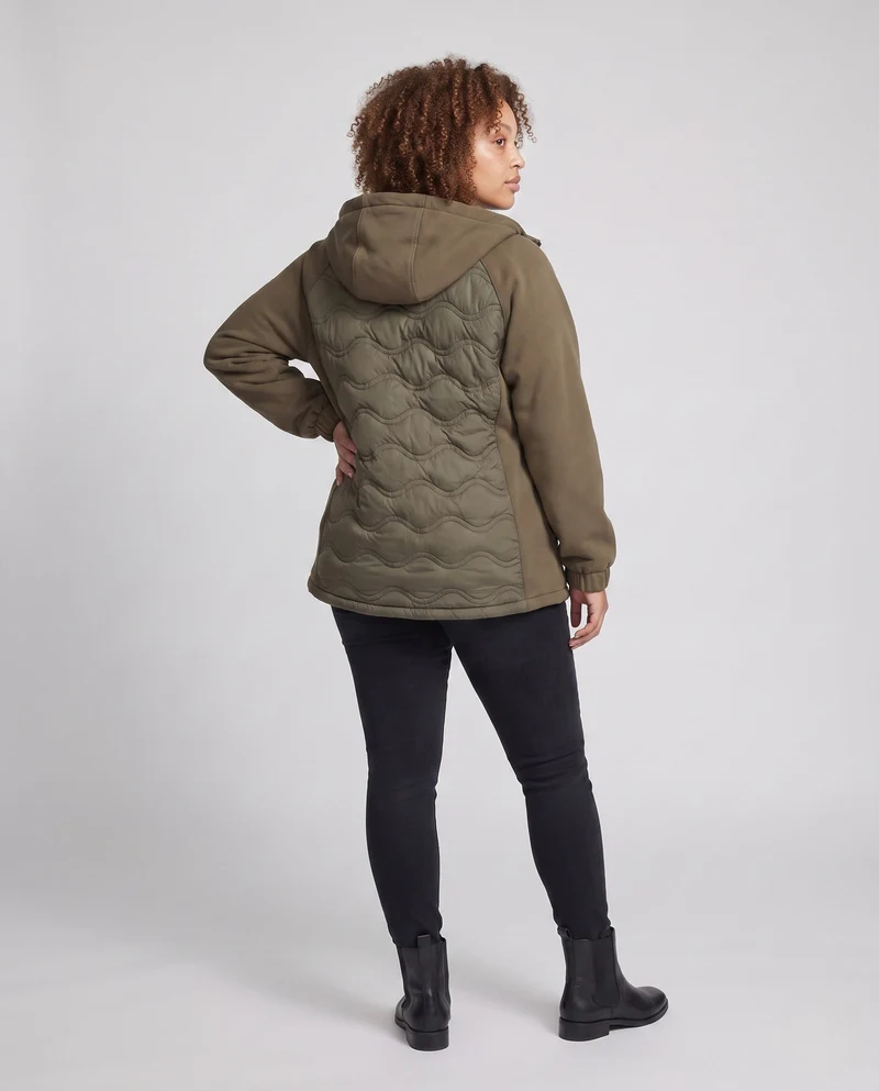 Damen nicht gesteppte Hybrid-Hoodie-Jacke mit gepolstertem Vorderteil und lockeren Sweatshirt-Ärmeln